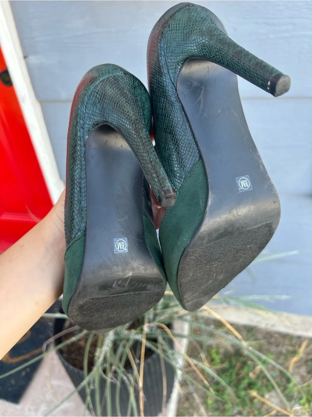 Snake Skin & Suede Dark Green Pointed-Toe Stiletto Pumps